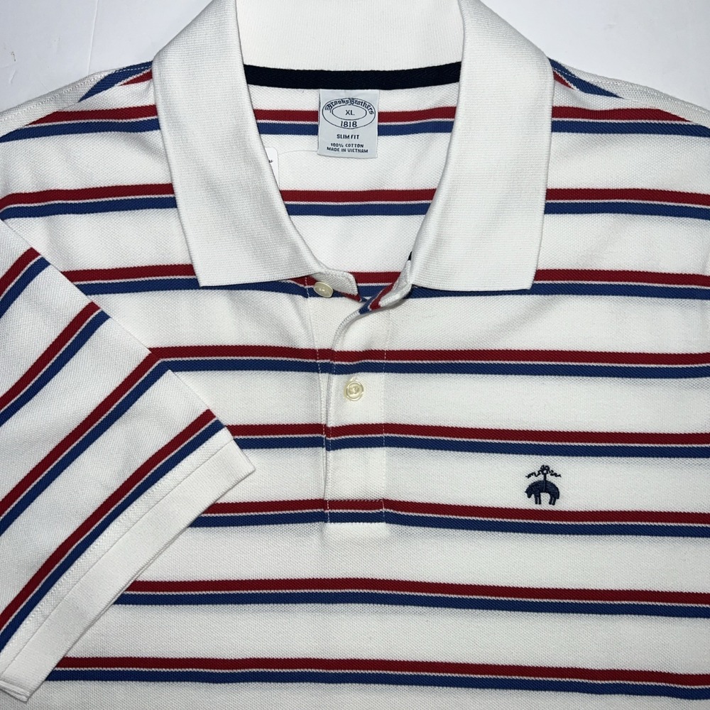Brooks Brothers 1818 White Slim Fit Polo With Blue/Red Stripes Mens Size XL